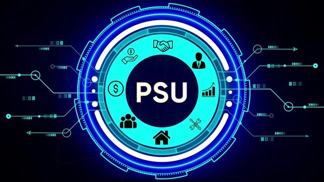 Futuristic Digital Hub with PSU Acronym and Business Icons on Blue Circuit Background Keywords: PSU, power supply unit, technology, computer hardware, digital, futuristic, network, connection