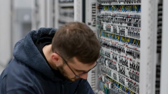 Medium shot of a technician inspecting smart coating panels with embedded wired sensors for realtime structural condition monitoring.