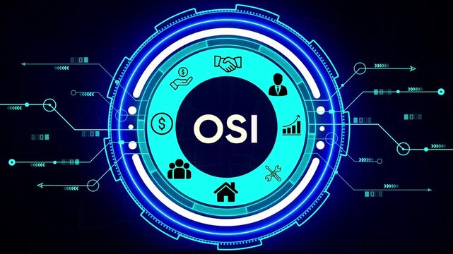Futuristic Digital Hub with OSI Acronym and Business Icons on Blue Circuit Background Keywords: OSI, open systems interconnection, technology, network model, digital, futuristic, network