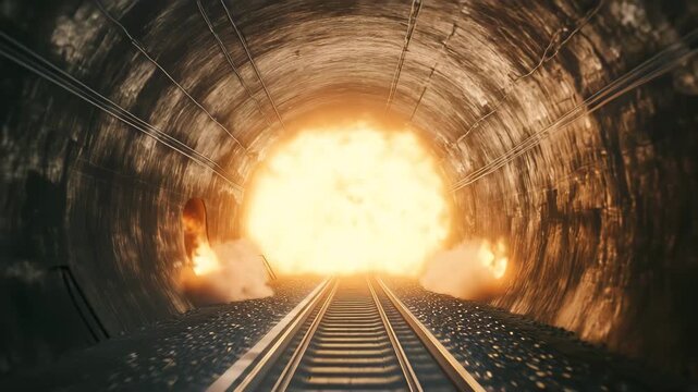 Explosion In Dark Train Tunnel With Railroad Tracks And Bright Light At The End
