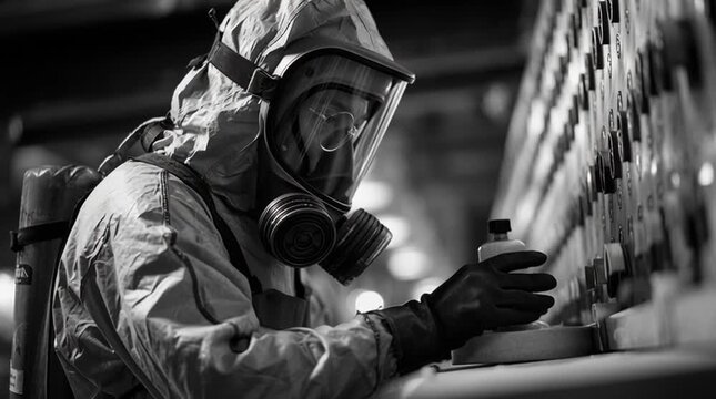 A worker in a full protective suit carefully handles a container of uranium hexafluoride gas before enrichment, highlighting strict safety protocols and the controlled environment of nuclear processin