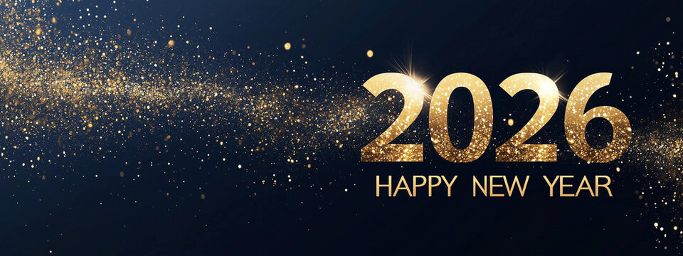 Happy New Year 2026 — banner with shiny gold numbers on a dark blue background. Elegant Happy New Year 2026 banner with sparkling gold numbers and a shiny trail on a dark blue background.New Year 2026