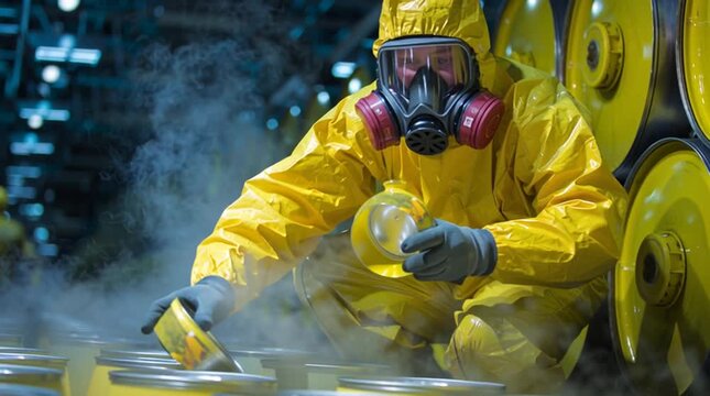 A worker in a full protective suit carefully handles a container of uranium hexafluoride gas before enrichment, highlighting strict safety protocols and the controlled environment of nuclear processin