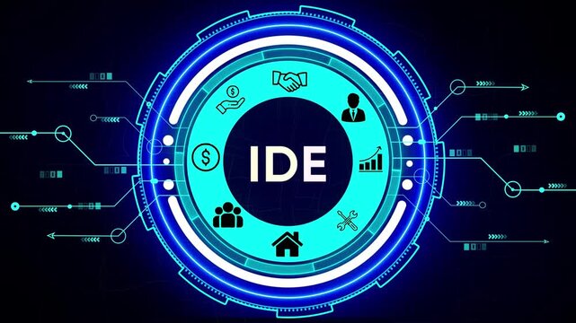 Digital network connection with IDE protocol and business icons Keywords: IDE, protocol, network, connection, digital, technology, data, transfer, communication, internet, global, abstract