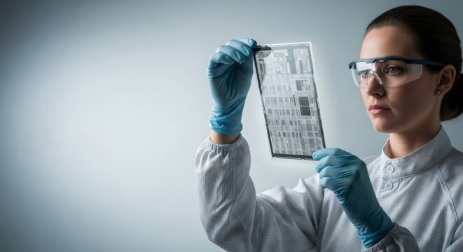 Woman technician examining a circuit board at a biotechnology laboratory. Researcher in protective cleanroom suit and gloves holding micropatterned film.