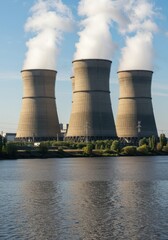 Obraz premium Huge concrete cooling towers rising near a wide river, showing powerful energy generation infrastructure in a scenic environment, power supply, infrastructure, thermal power