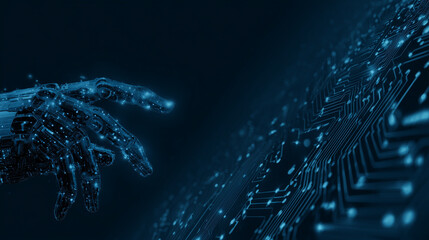 Robotic arm touching a circuit board – futuristic artificial intelligence technology Background. Robotic arm above a glowing circuit board surface with data lines on a dark blue background. AI banner