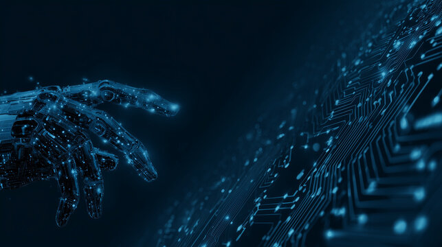 Robotic arm touching a circuit board – futuristic artificial intelligence technology Background. Robotic arm above a glowing circuit board surface with data lines on a dark blue background. AI banner