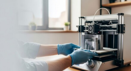 Man in blue glove working with a 3D bioprinter to create a bioprinted model. Modern technology in medicine and research. Future of biofabrication.