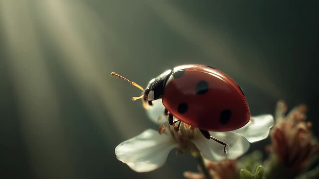 A little ladybug with shiny red wings adorned with black spots rests gracefully on a delicate flower. The gentle sunlight highlights the vibrant colors and intricate patterns of th