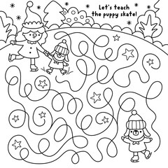 Christmas village black and white maze with elf teaching puppy skate on skating rink. Line labyrinth game with traditional character. Winter holiday printable activity, worksheet, coloring page