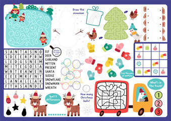 Vector Christmas village placemat. Winter holiday printable activity mat with maze, crossword puzzle, shadow match, find difference. Cute New Year play mat, menu, kids magazine spreadsheet