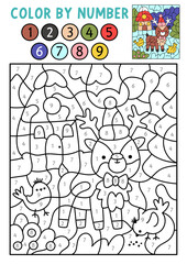 Vector Christmas color by number activity with deer, birds, snowy scene. Winter black and white counting game. New Year coloring page for kids. Line printable worksheet