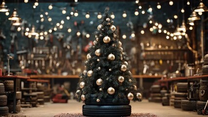 Festive workshop: christmas tree with baubles in creative garage setting - Powered by Adobe