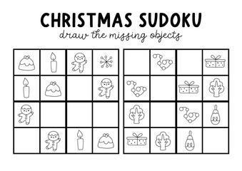Vector Christmas sudoku puzzle for kids with pictures. Black and white New Year quiz with candle, present, gingerbread man. Winter holiday line activity, coloring page. Draw missing object