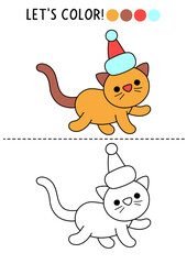 Christmas village coloring page for children with cute cat. Vector New Year outline illustration. Color book for kids with colored example. Winter holiday drawing skills printable worksheet