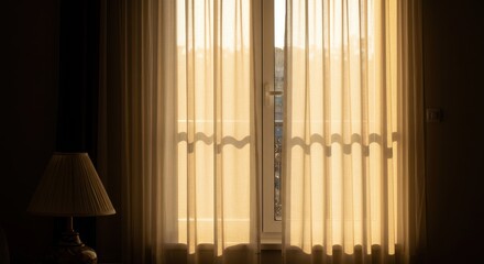 Warm sunlight streams through an open window during a hot summer day, illuminating sheer, flowing curtains and casting long, golden shadows across the room, ventilation, architecture, afternoon.