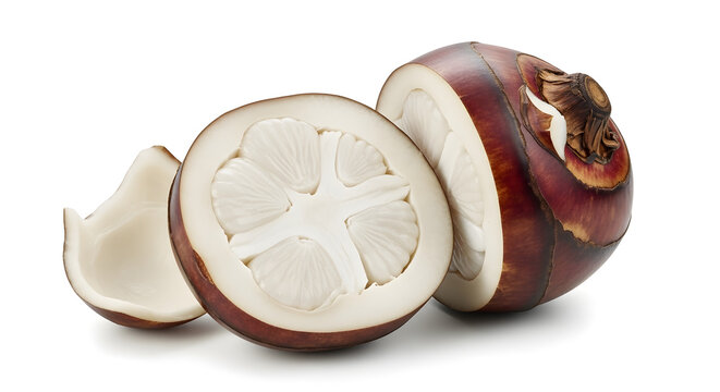 Fresh water chestnut cut open showing white interior and outer skin