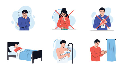 Set of six health and hygiene icons showing symptoms of illness and preventative measures like hand washing and staying in bed.