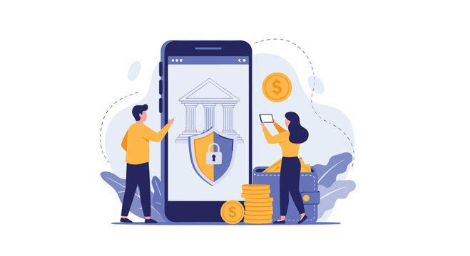 Man and woman use a smartphone for secure online banking with a shield and lock icon symbolizing financial safety and data protection.