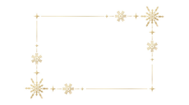 Winter frame made of golden snowflakes and shiny stars. Decorative Christmas border for invitations, posters, greeting cards and holiday layouts. Vector illustration.