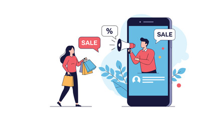 Online marketing concept with a man in a smartphone using a megaphone to announce a sale to a woman holding shopping bags.