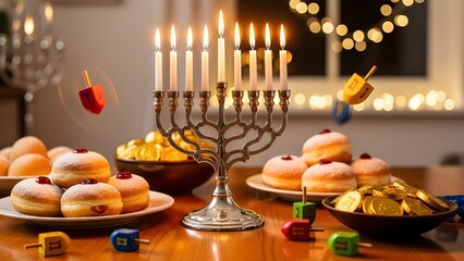 Hanukkah celebration with menorah dreidels and sufganiyot