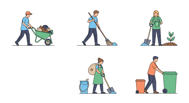 Set of six cartoon characters performing cleaning and environmental volunteering tasks like sweeping planting trees and taking out trash.