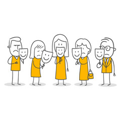 A Group Of Employees Hiding Their True Feelings And Playing Their Social Roles With Masks.