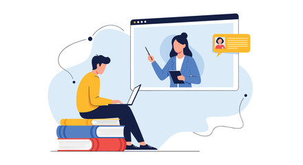 Male student sitting on a stack of books participates in an online class using a laptop for distance learning with a teacher.