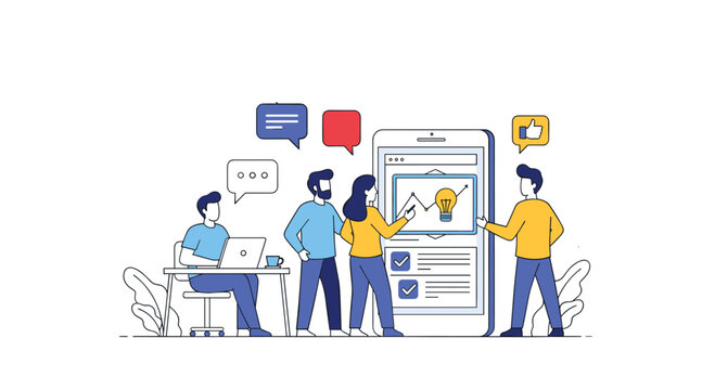 Creative business team collaborates on a new mobile application project analyzing data and brainstorming ideas for success.