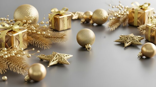 Elegant golden christmas decorations on a gray background