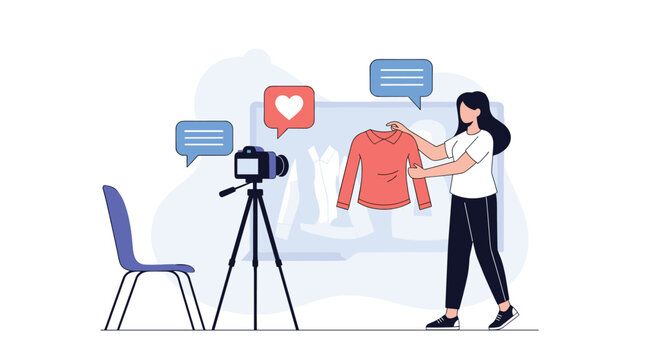 Female fashion vlogger records a product review video of a shirt for her social media channel to engage with her online audience.