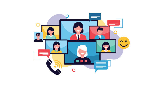 Diverse group of people connecting through a video conference call for a virtual meeting or online webinar from remote locations.