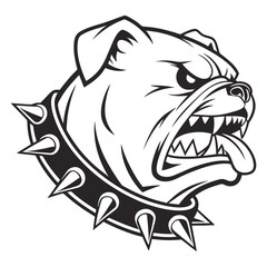 Stylized bulldog with spiked collar and fierce expression in black and white vector ideal for logos and digital branding