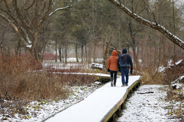 Un couple se promène sur un pont en bois dans le parc en hiver.