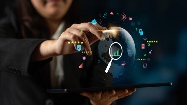 A concept of global market analysis and e-commerce business growth. Researching worldwide trends, sales data, and customer ratings for success. Motif