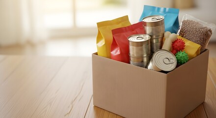 Cardboard donation box filled with pet food, toys, and supplies on a wooden floor, representing animal welfare concept and charity
