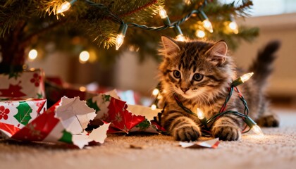 Fluffy tabby kitten tangled in Christmas tree lights and torn wrapping paper low angle cute photo