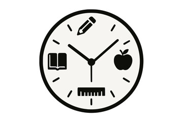 Black and white line drawing of a round clock featuring school-related icons in place of numbers. Ideal for academic, scheduling, and classroom design themes.