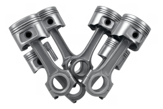 V configuration engine pistons and connecting rods on transparent background representing power and engineering