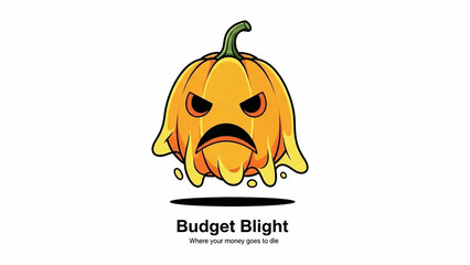 Melting pumpkin with angry face and text on white background