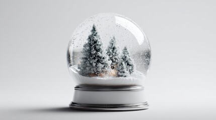 Snow globe with a miniature snowy pine forest, warm inner glow and falling glitter flakes, evoking festive christmas wonderland and serene winter holiday charm