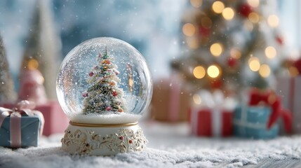 Snow globe capturing a christmas tree inside, surrounded by falling snow, sitting on a snowy surface with blurred festive presents and sparkling lights creating a magical holiday atmosphere