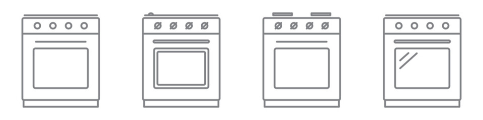 Oven line icon set. Simple kitchen appliance symbols for cooking, baking, and home kitchen design. Simple linear style with editable stroke, isolated on transparent background.