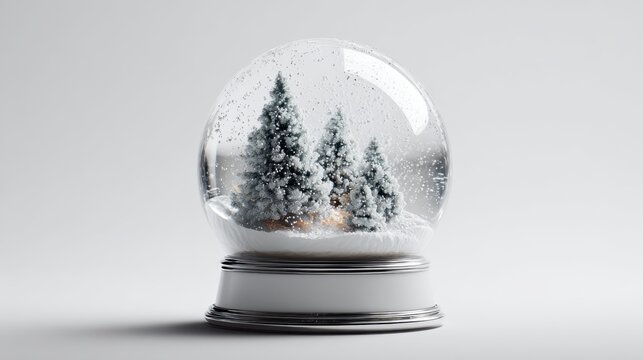 Snow globe with a miniature snowy pine forest, warm inner glow and falling glitter flakes, evoking festive christmas wonderland and serene winter holiday charm