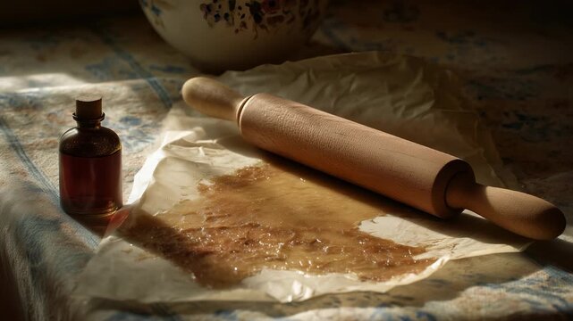 A wooden rolling pin rests on crinkled parchment, surrounded by a sticky layer of golden syrup. A glass bottle filled with dark liquid sits nearby, adding charm to the kitchen scen