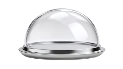 Clear glass dome cloche on a sleek silver serving tray, creating an elegant display case for presenting various items, emphasizing isolation and a refined product showcase, png