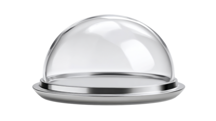 Clear glass dome cloche on a sleek silver serving tray, creating an elegant display case for presenting various items, emphasizing isolation and a refined product showcase, png