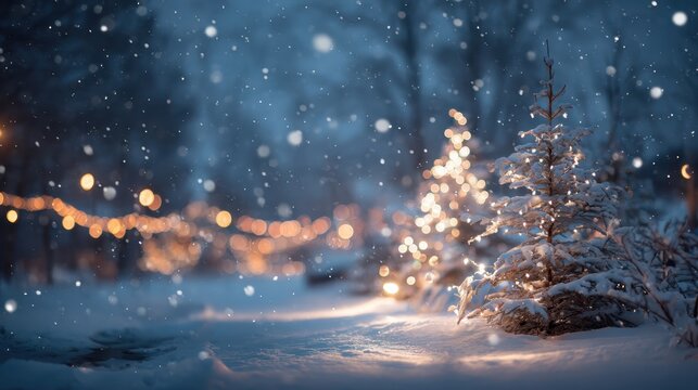 Snowy night in an evergreen forest with small trees wrapped in warm fairy lights, gentle falling snow and soft glowing bokeh creating a peaceful, festive winter mood - Powered by Adobe